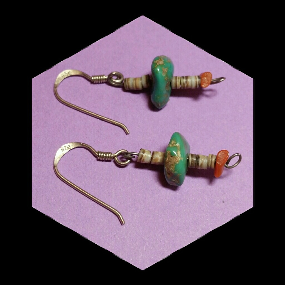 NAVAJO TURQUOISE, SHELL & CORAL EARRING